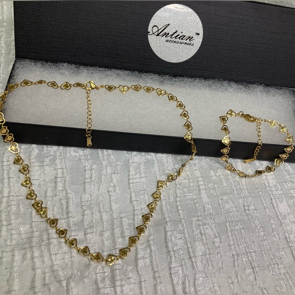 Antian Accessories™ Gold Heart Necklace & Bracelet Set · New